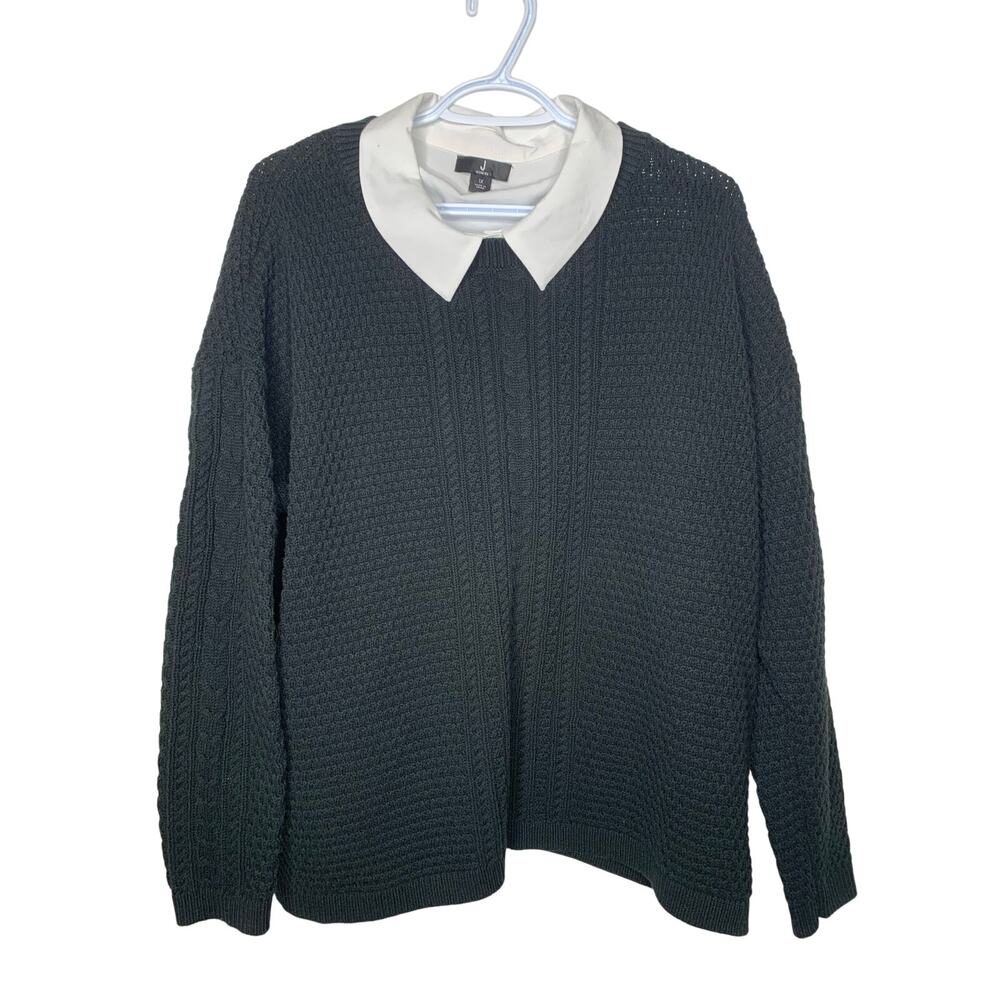 Jason Wu Black Preppy Cotton Blend Cable Knit Collared Sweater